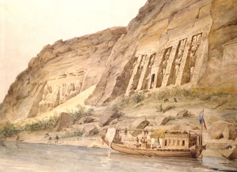 Abu Simbel gezien vanaf de Nijl. Aquarel van Hector Horeau (1801-1872), Franse architect. De dichtstbijzijnde is de tempel van Hathor. De verste beelden van Ramses II (regeerde van ca. 1304 tot 1273 v.Chr.) buiten de hoofdtempel. Archeologie Egyptische woo