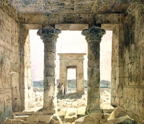 Ruïnes van het tempelcomplex in Dendera: Uitzicht tussen twee zuilen naar de poort (pyloon). Aquarel van Hector Horeau (1801-1872), Franse architect.