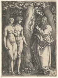 God rechts verbiedt de naakte Adam en Eva links om van de boom van kennis te eten
