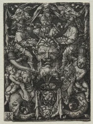 Ornamentontwerp met een masker, een paar tritons en twee kinderen hieronder