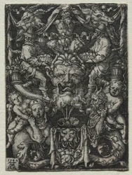 Ornamentontwerp met een masker, een paar tritons en twee kinderen eronder, 1549