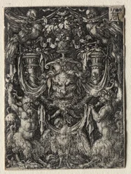 Ornamentontwerp met een masker en een adelaar tussen twee faunen beneden