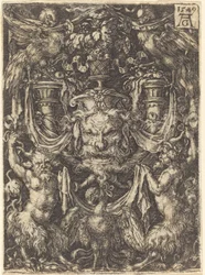 Ornament met masker, adelaar tussen saters beneden, 1549