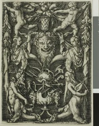 Ornamentaal Ontwerp met een Paar Satyrs, Kinderen en een Trofee