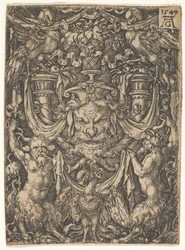 Ornamentaal ontwerp met een masker en een adelaar tussen twee faunen beneden, 1549