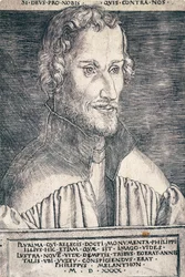 Portret van Philip Melanchthon of Philipp Schwarzerd (1497-1560), Duitse humanist en theoloog, gravure door Heinrich Aldegrever (1502-ca 1561)