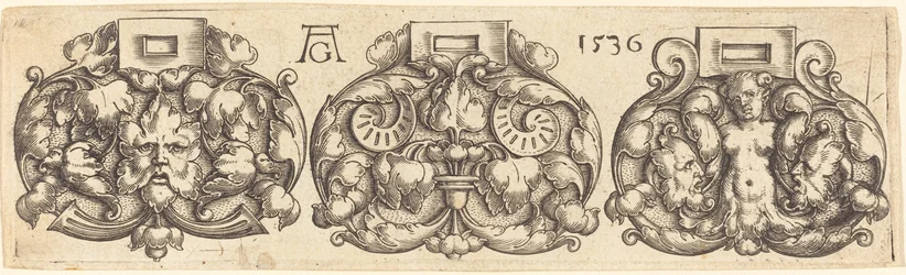 Drie gespen van gordels naast elkaar, 1536