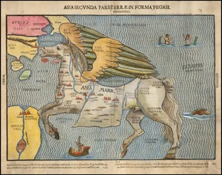 Ca. 1581 picturale kaart door Heinrich Bünting, met afbeelding van Azië als Pegasus