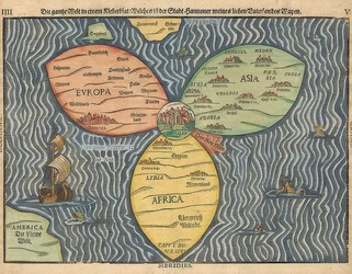 Drie continenten van de wereld als klaverblad, met Jeruzalem in het midden. 1581