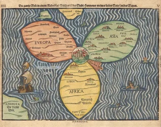De drie continenten met Jeruzalem in het midden van de wereld, 1581