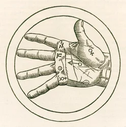 De hand van de handlijnkunde, gravure uit De occulta philosophia libri tres (Drie boeken over occulte filosofie) van Heinrich Cornelius Agrippa von Nettesheim (1486-1535), gepubliceerd in 1533.