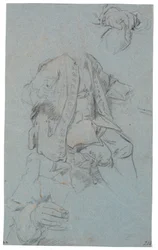 Studie van zittende man (hoofd slechts gesuggereerd) en twee detailstudies van handen