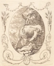 Een stier stoot naar een liggende jongen, terwijl twee kameraden proberen te helpen