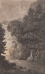 Landschap met rotsen en grote bomen, rechts twee mannen