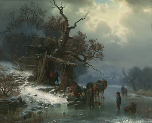 Winterlandschap met figuren op een bevroren rivier, 1867