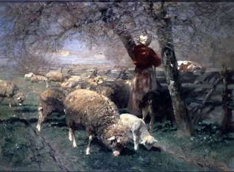 Een herderin en schapen in een landschap