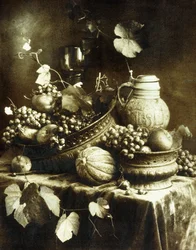 Stilleven met fruit en aardewerk