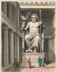 Oud-Griekenland: standbeeld van Zeus in de tempel van Olympia - sculptuur van Phidias, ca. 440/30 v.Chr., een van de Zeven Wereldwonderen