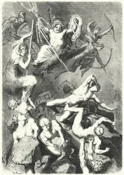 Slag tussen de oude Griekse goden en de Titanen (gravure)
