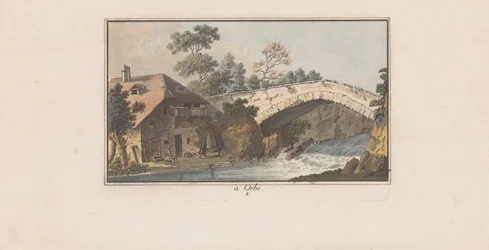 Huis naast een brug over een rivier te Orbe
