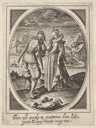 Een man stapt naar een vrouw die een beker naar haar mond brengt, een watermolen en berg..., ca. 1585-1621
