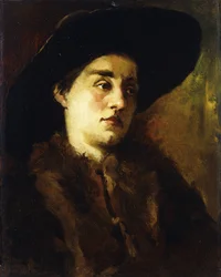 Portret van een dame, met een bontjas en zwarte hoed