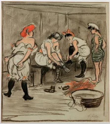 Vier vrouwen in de garderobe