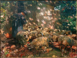 Herder met schapen voor de stal