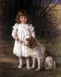 Portret van een meisje in een witte jurk met een hond