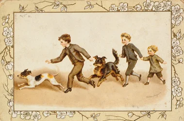Wenskaart met kinderen die met hun honden spelen