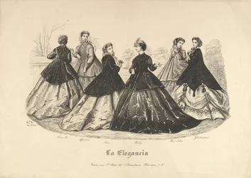 Zes vrouwen buiten, nr. 676, uit La Elegancia, 1865-66