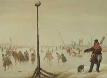 Een eendenjager en zijn hond in een winterlandschap