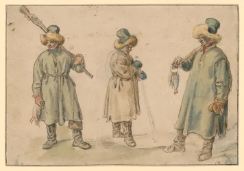 Drie studies van een boer in winterkleding