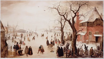 Dutch: Winterlandschap met schaatsers bij een dorp Winter Landscape with Skaters near a Village