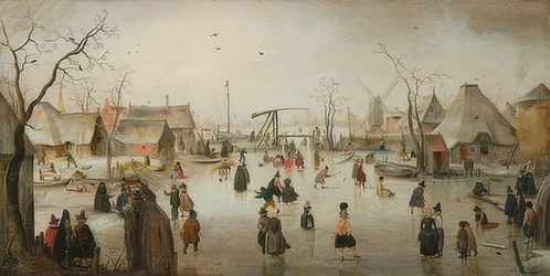 Schaatsen in een stad. Omstreeks 1610