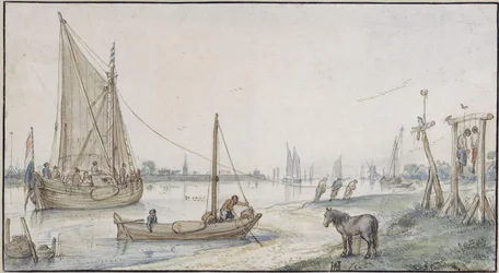 Rivierlandschap, met een voortgetrokken zeilschip, rechts op de voorgrond een galg met twee gehangenen