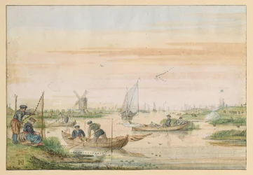 Kanallandschap met vissers en uilenjagers