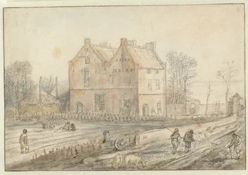 Gezicht op een landhuis met zaaigoed in het veld