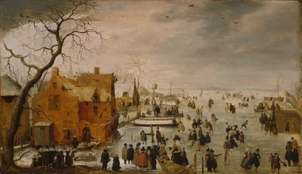 Dutch: IJslandschap / IJsvermaak Winter Landscape with Numerous Skaters