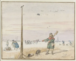 Winterlandschap met een eendenjager met wild in zijn riem en zijn geweer over zijn schouder aan de oever van een bevroren rivier