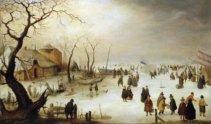 Winterlandschap met figuren en tenten op het ijs