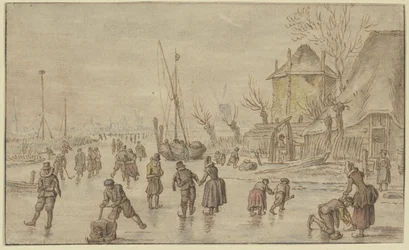 Winterlandschap, veel schaatsers op het ijs, rechts bindt een man de schaatsen van een vrouw vast