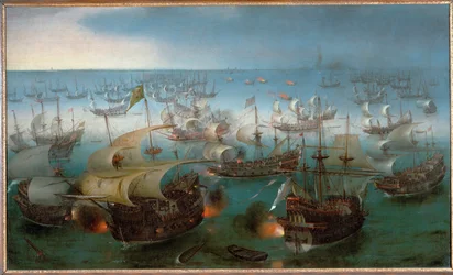 Zeeslag tussen de Spaanse Armada en de Engelse zeestrijdkrachten (olieverf op doek)