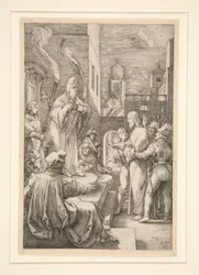 Christus voor Caiphas, uit De Passie, nr. 4 in een serie van 12 gravures