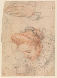Schetsblad met vrouwehoofd en hand