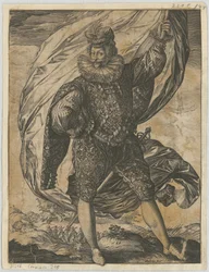 Staande vaandeldrager, met het hoofd naar links gekeerd