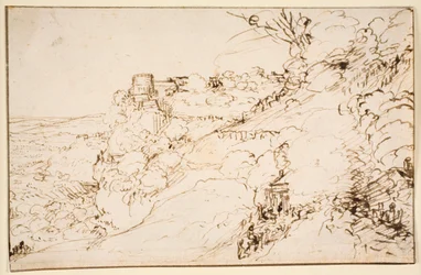 Landschap met kasteelachtig gebouw op berguitloper