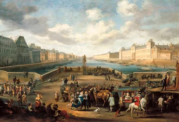 Uitzicht op Parijs met het Louvre, genomen vanaf de Henri IV-brug (Pont Neuf)
