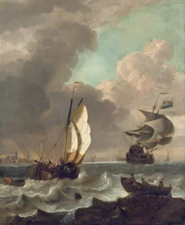 Schepen in een stevige bries voor Dordrecht