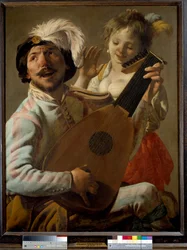 Het duo Een zanger die luit speelt met een danser. Schilderij door Hendrick ter Brugghen